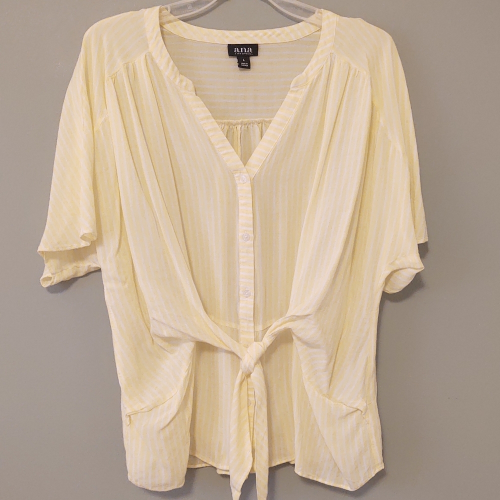 ANA Yellow White Stripe Button Up Tie Front Short Sleeve Blouse Top Size Large